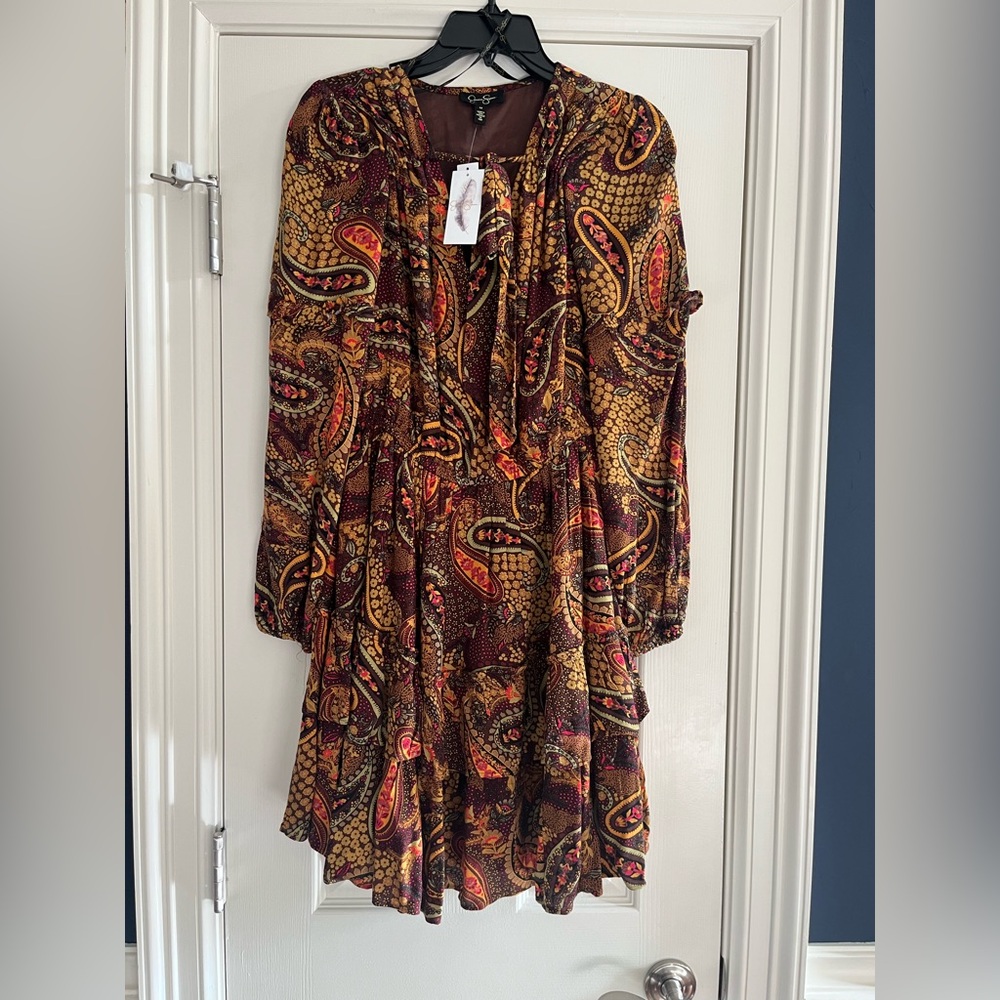 Jessica Simpson Brown Multi Paisley Long Sleeve Tiered Dress